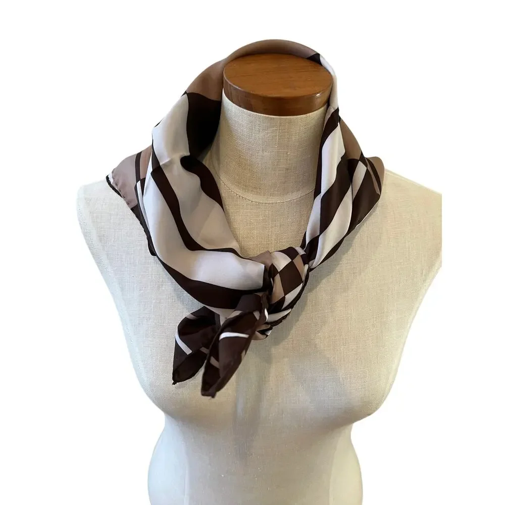 Vintage 70s Leonardi mod print scarf taupe chocolate brown